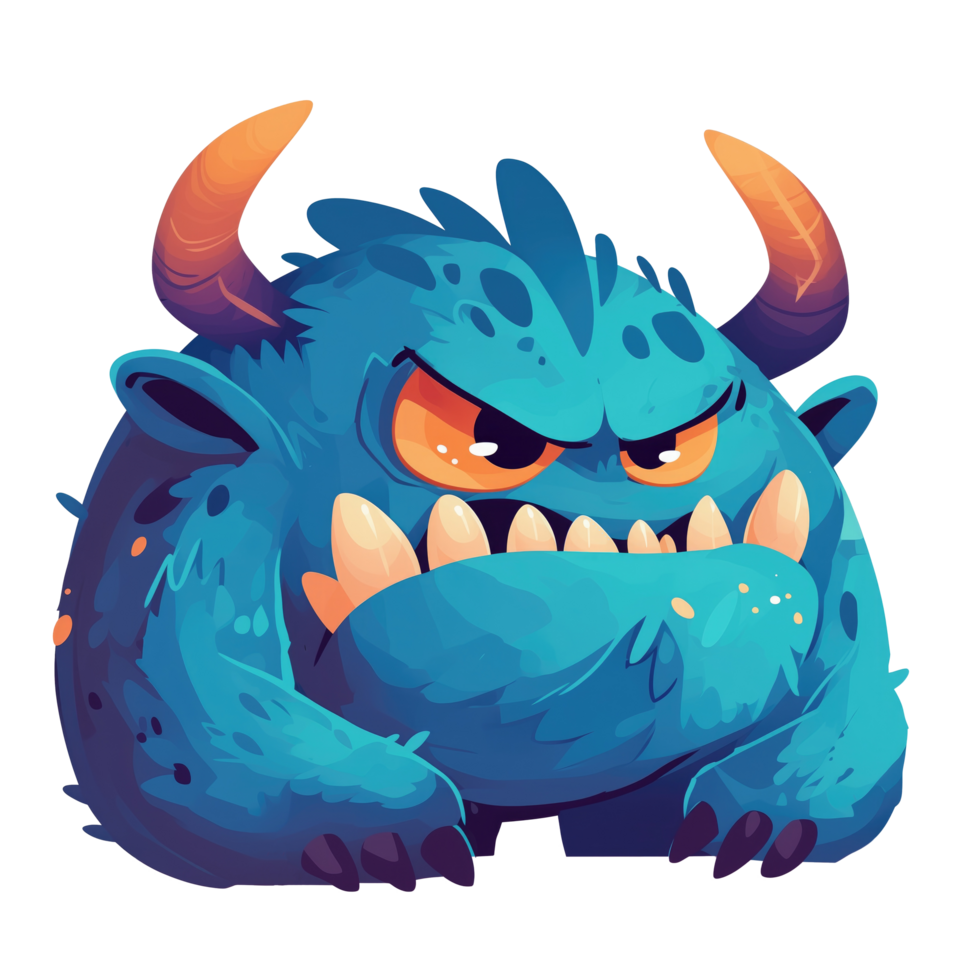 Cute character design of blue monster with fangs and horns png