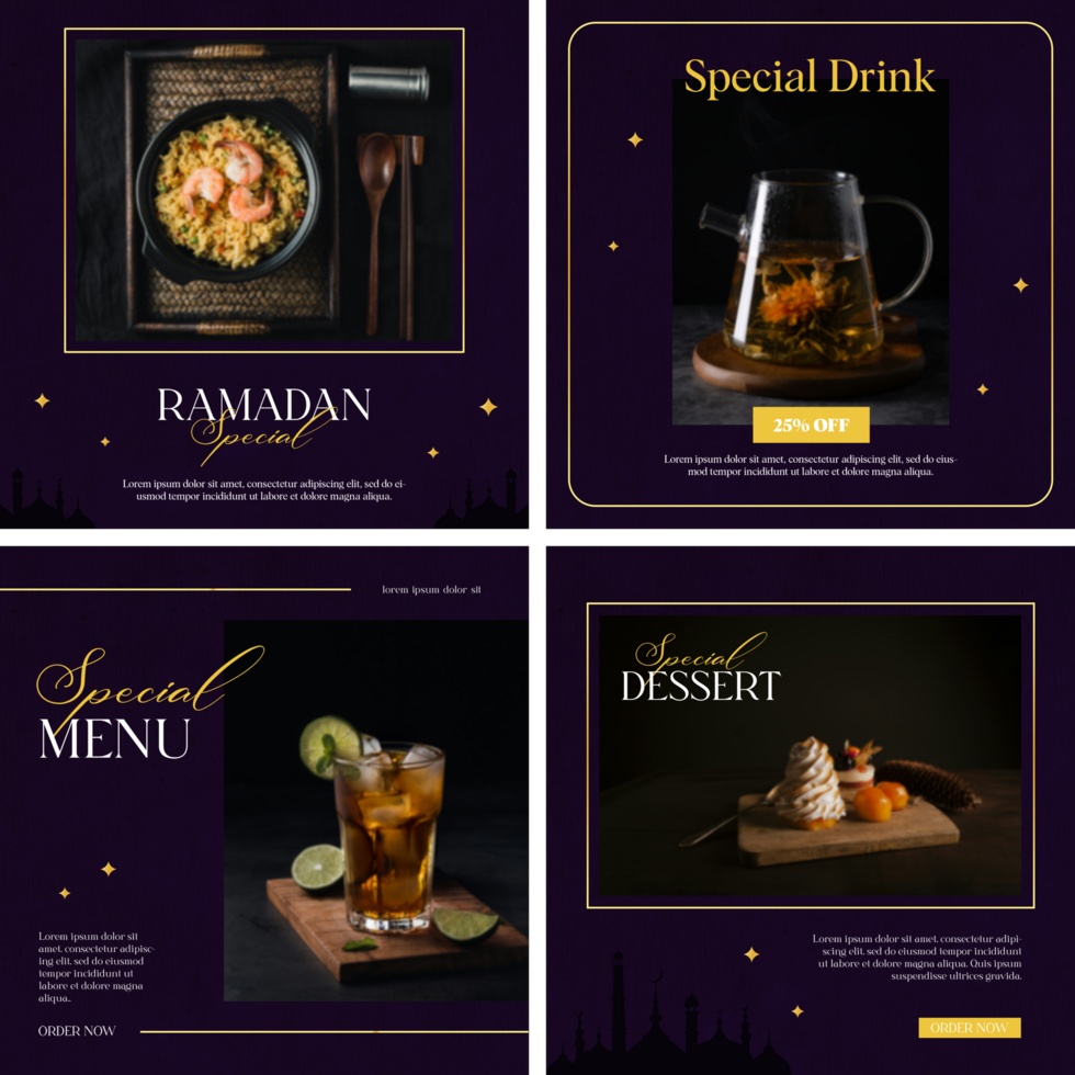 Ramadan Menu and Restaurant Elegant Social Media Post Template Design Set Bundle psd
