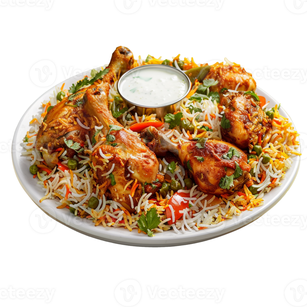 A plate of chicken biryani isolated on transparent backgound png