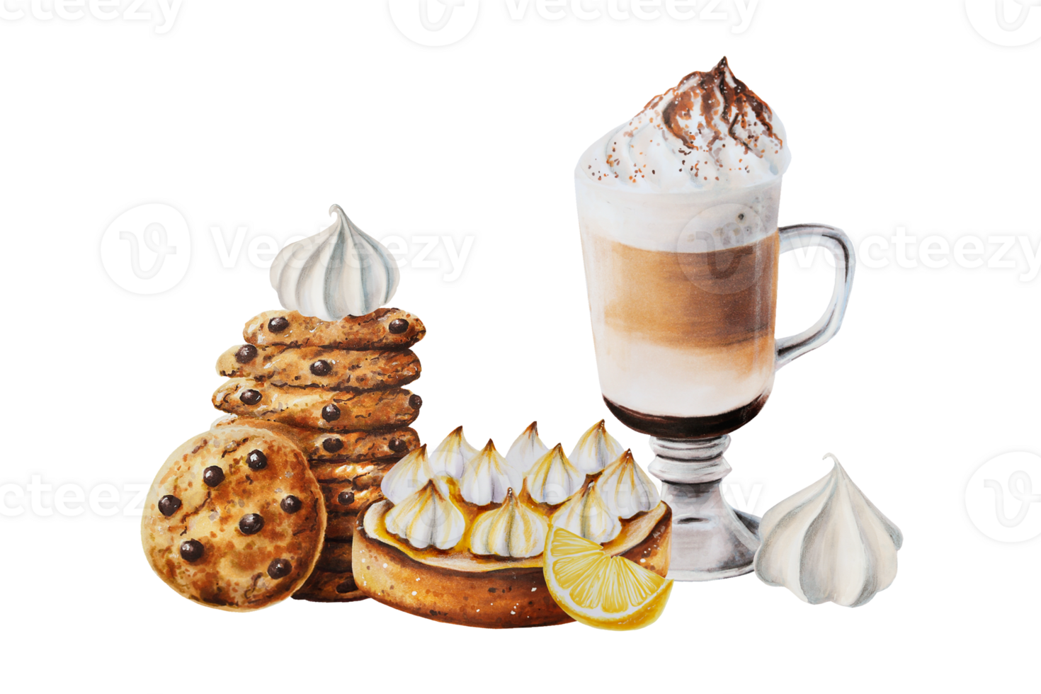Fluffy foam latte with donut in glaz illustration. Coffee in a glass cup with blueberry. Watercolor hand painting doughnut on isolated background. For designers, menu, shop, bar, bistro, restaurant png