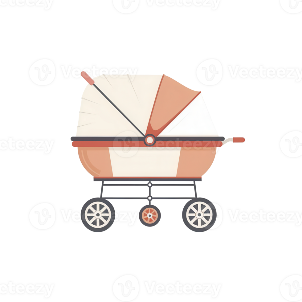 A modern baby carriage, minimalist design, flat illustration, soft tones, isolated on white background png