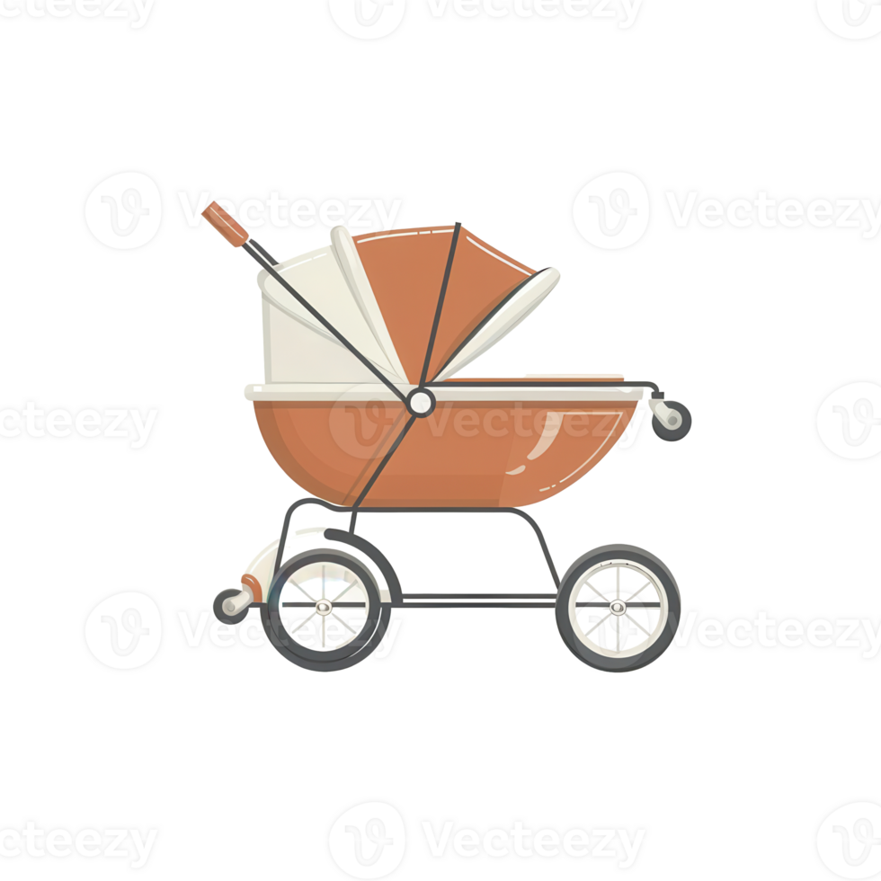 A modern baby carriage, minimalist design, flat illustration, soft tones, isolated on white background png