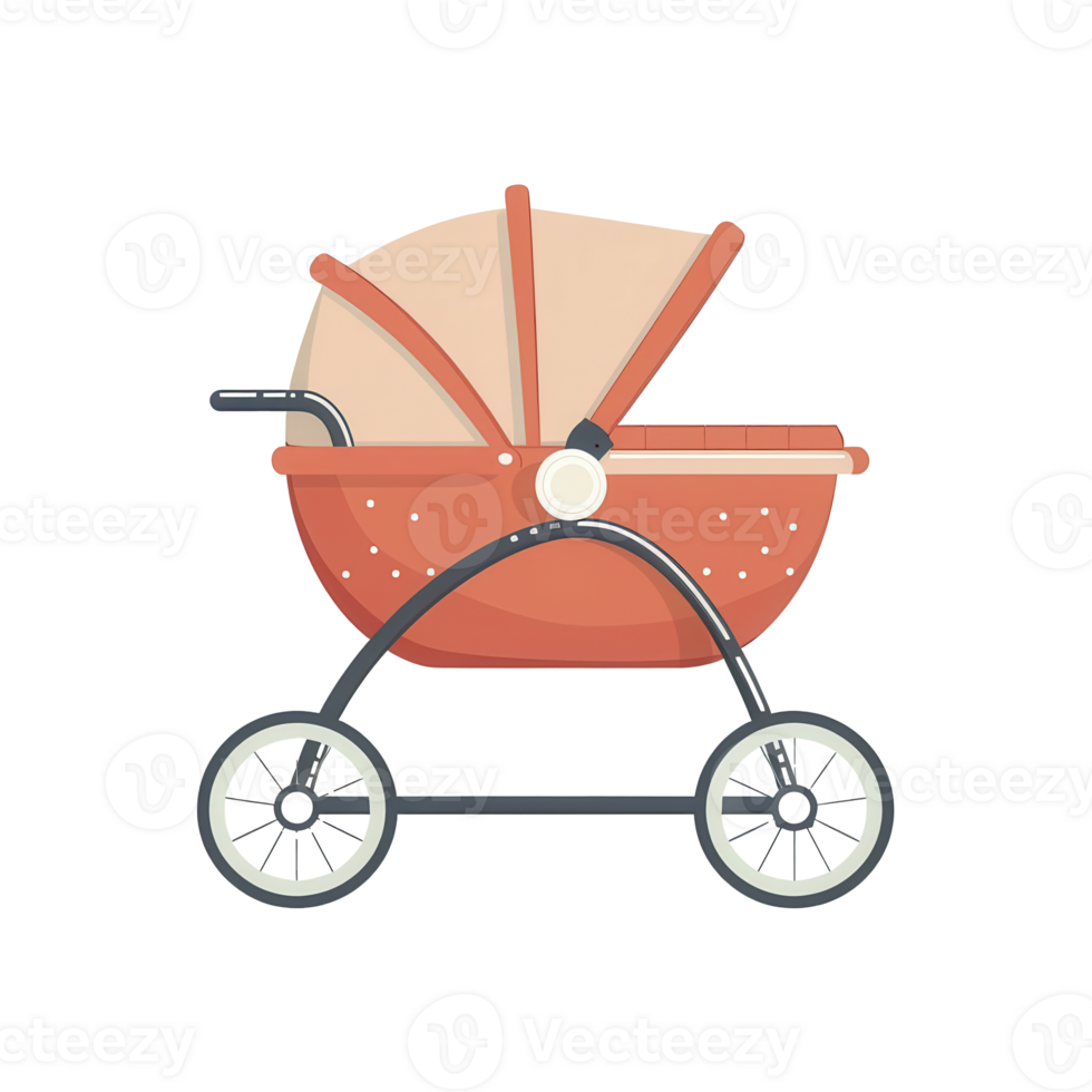 A modern baby carriage, minimalist design, flat illustration, soft tones, isolated on white background png