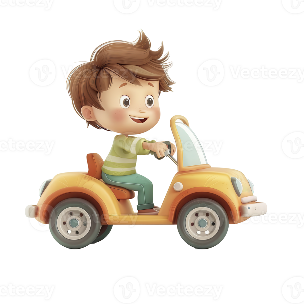 A boy kid playing with a toy car, childhood element, 3D illustration, vibrant colors, isolated on white background png