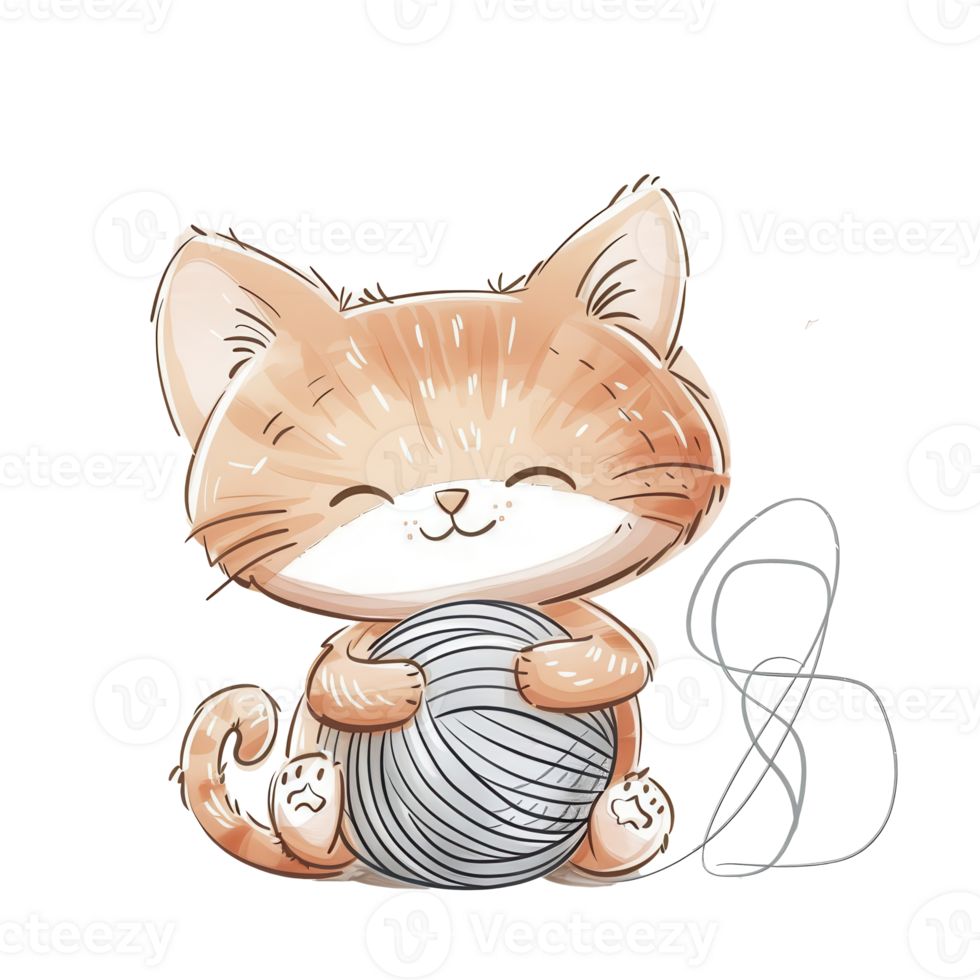 An adorable cat, sitting with a ball of yarn, digital illustration, soft colors, isolated on white background png
