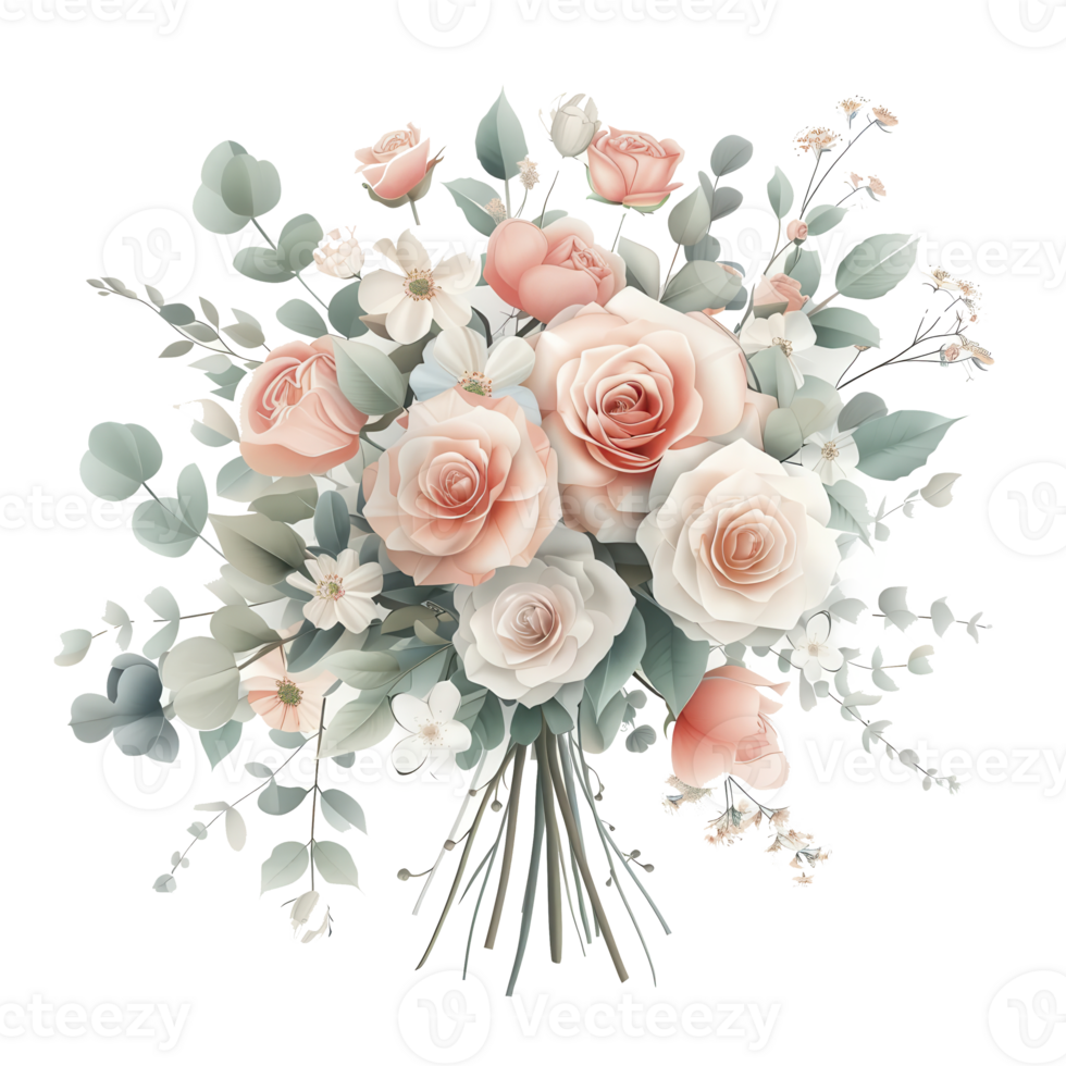 A wedding bouquet clipart, flower arrangement element, 3D illustration, soft colors, isolated on white background png