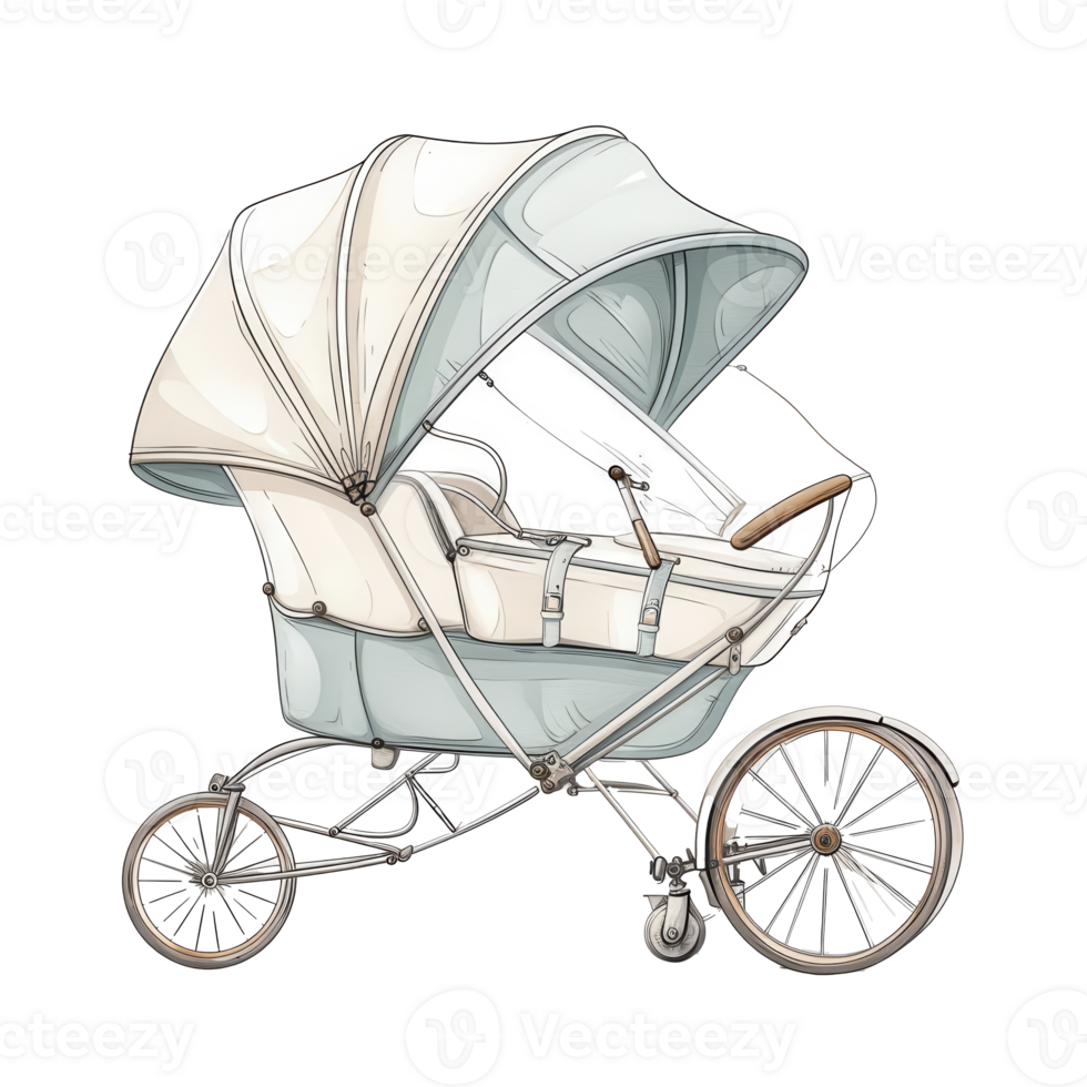 A vintage baby carriage, retro style, handdrawn sketch, pastel colors, isolated on white background png