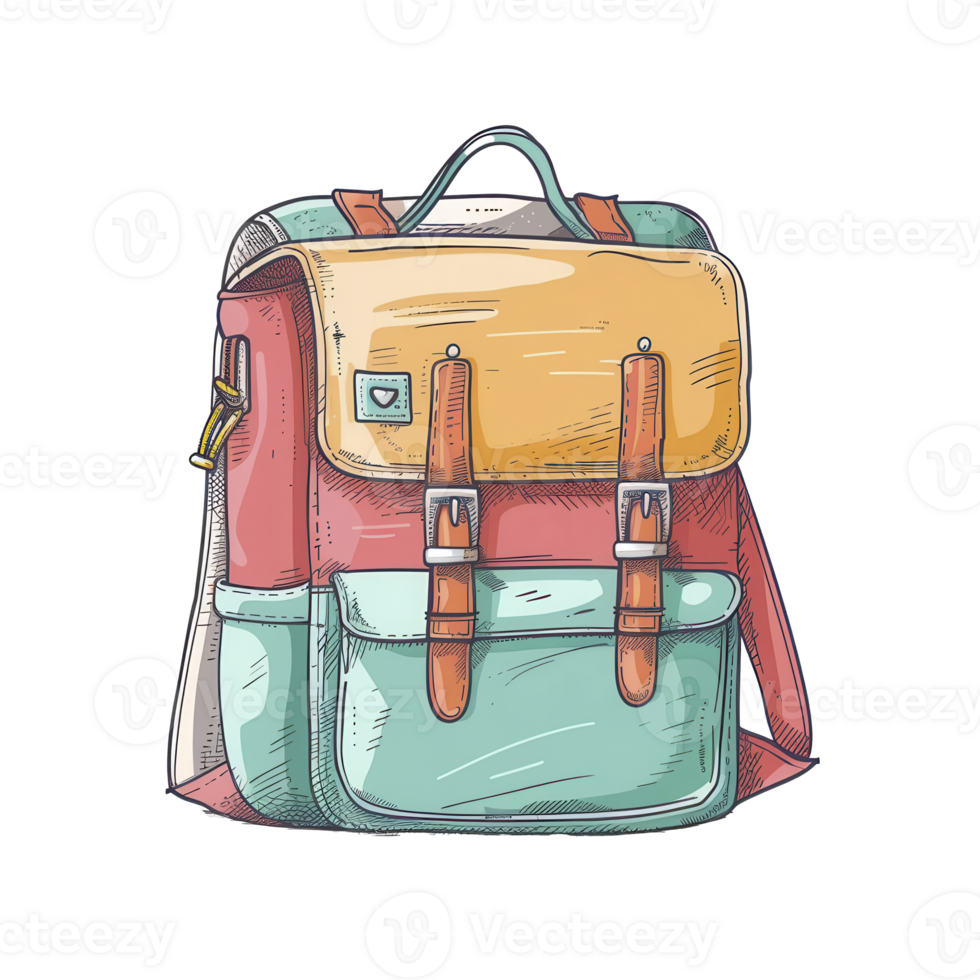 A colorful kindergarten backpack, school accessory, handdrawn illustration, vibrant, isolated on white background png