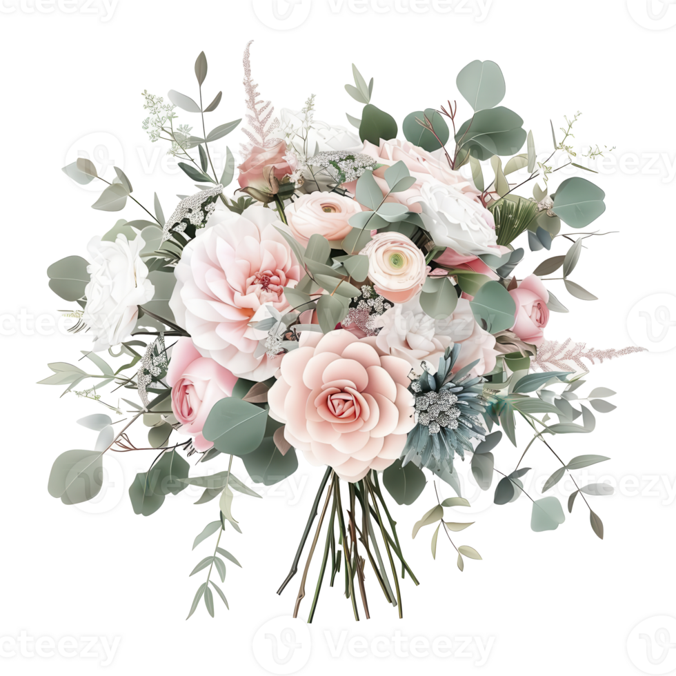 A wedding bouquet clipart, flower arrangement element, 3D illustration, soft colors, isolated on white background png