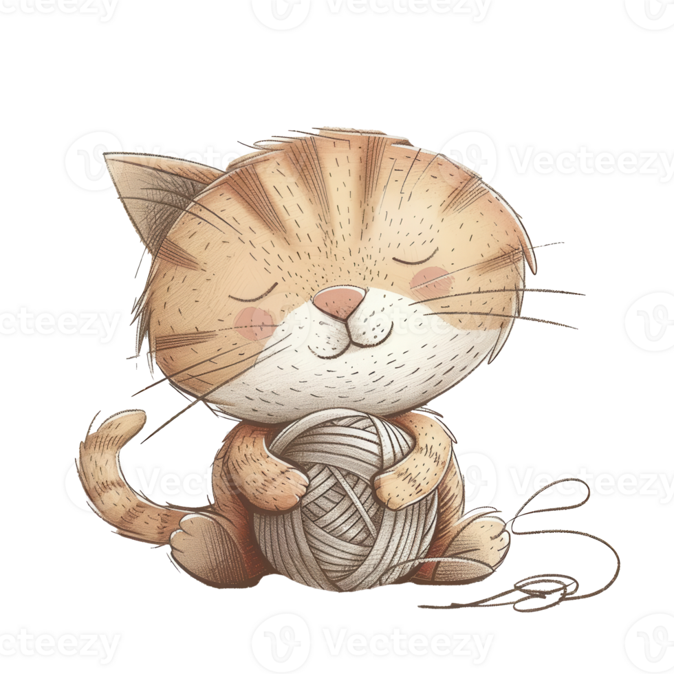 An adorable cat, sitting with a ball of yarn, digital illustration, soft colors, isolated on white background png