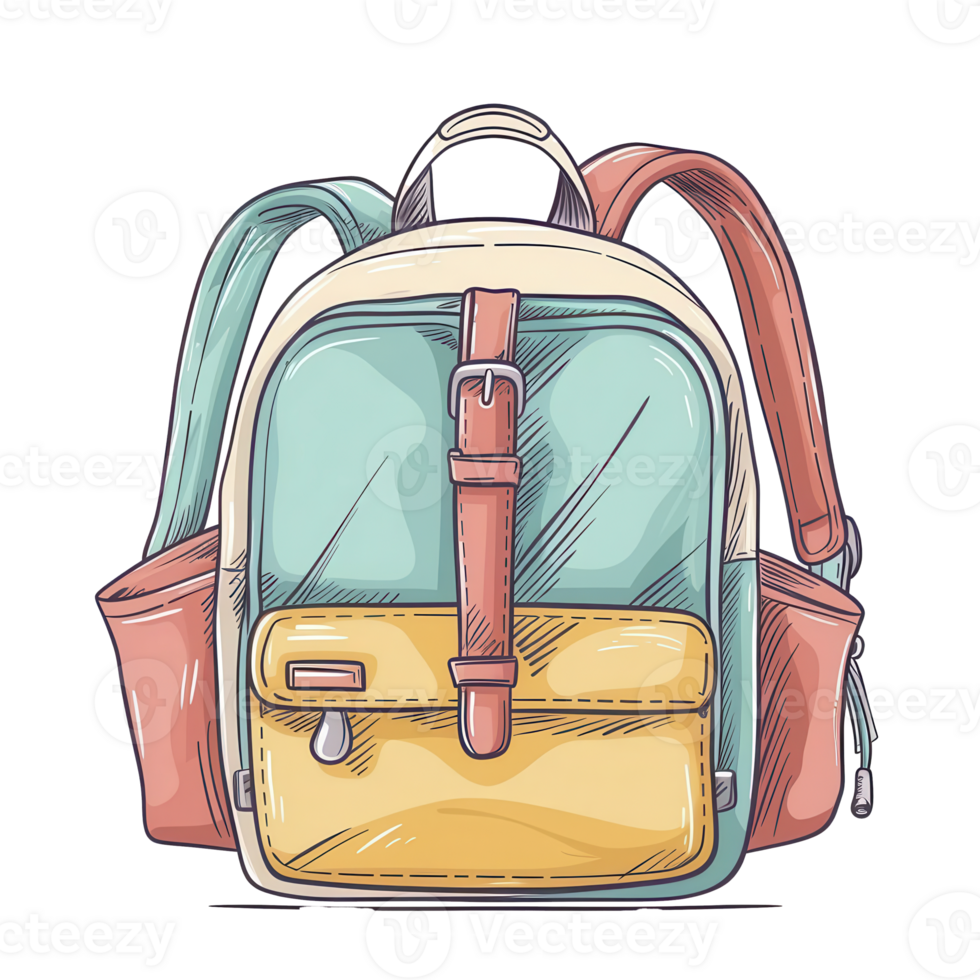 A colorful kindergarten backpack, school accessory, handdrawn illustration, vibrant, isolated on white background png
