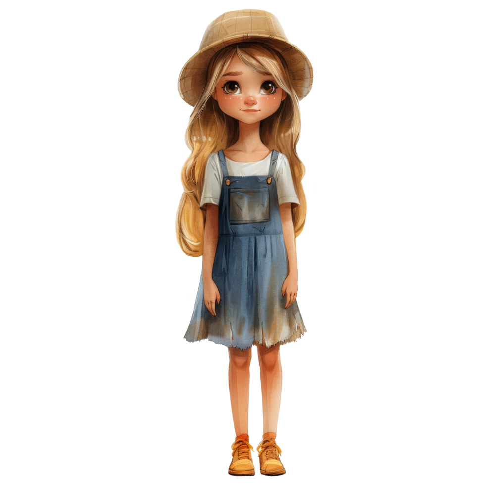 Watercolor cute little girl doll in dress and vintage hat cartoon character in summer illustration. Ai-Generated png