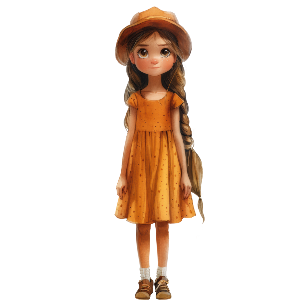 Watercolor cute little girl doll pigtail in yellow dress and vintage hat cartoon in summer illustration. Ai-Generated png