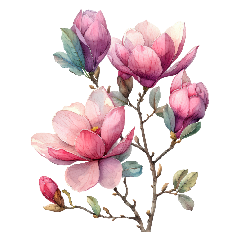 Watercolor blooming pink magnolia flowers branch illustration. Ai-Generated png