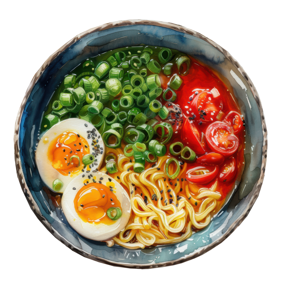 Watercolor spicy ramen noodle with boiled egg in a bowl illustration. Ai-Generated png
