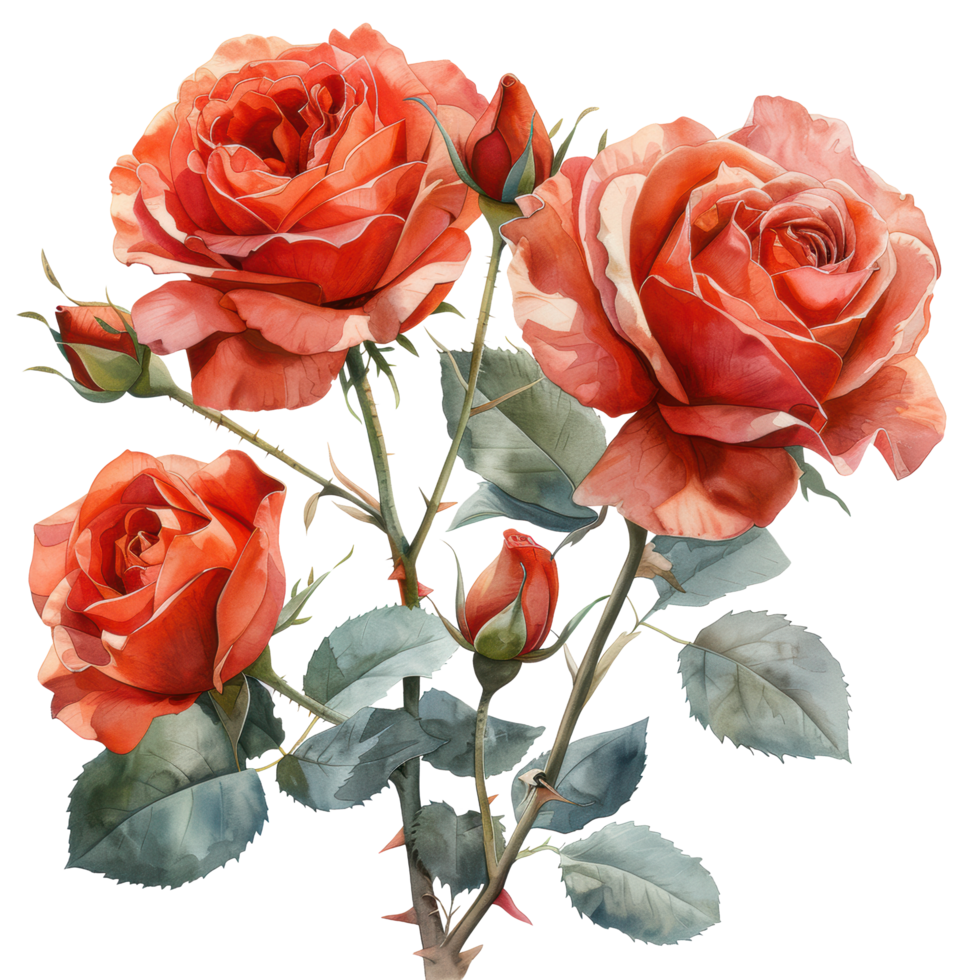 watercolor blooming red roses flower branch. Valentine day concept. Ai-Generated png