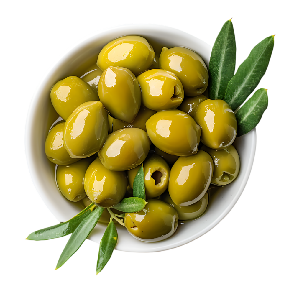 Green olives with leaves in a white bowl isolated on a transparent background png
