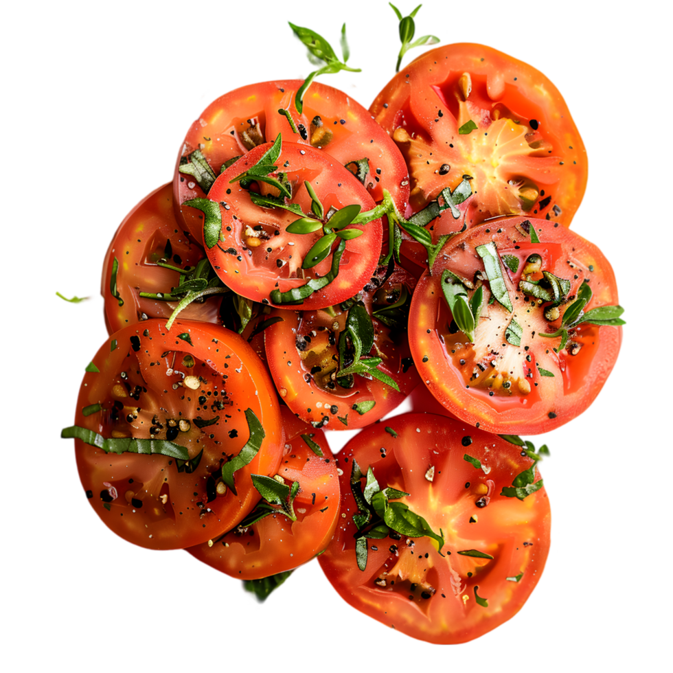 Sliced tomatoes with herbs isolated on a transparent background png