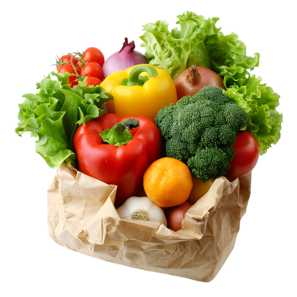 Fresh vegetables in a paper bag isolated on a transparent background png