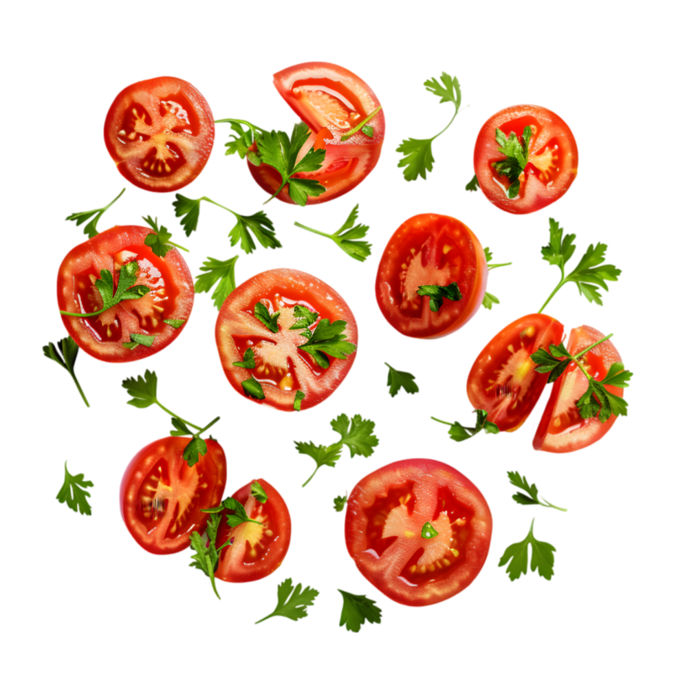 Sliced tomatoes with herbs isolated on a transparent background png