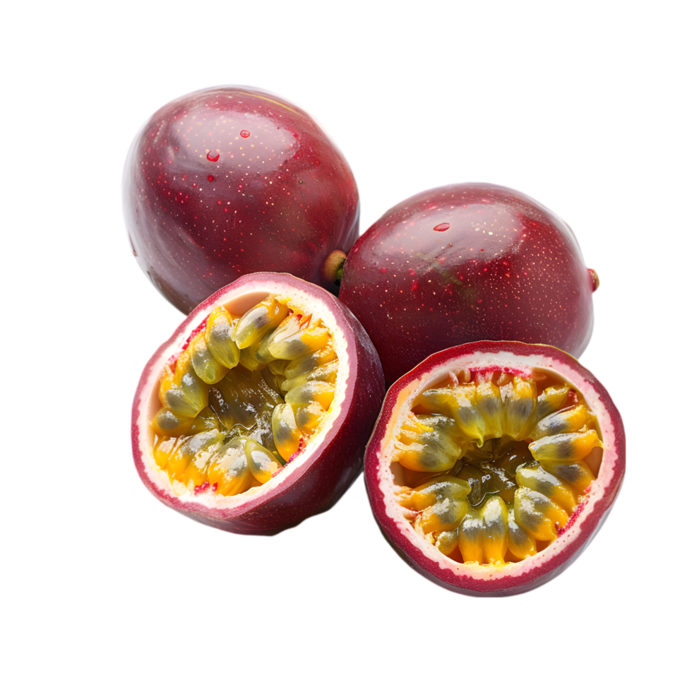 Passion fruits and halved sections isolated on a transparent background png