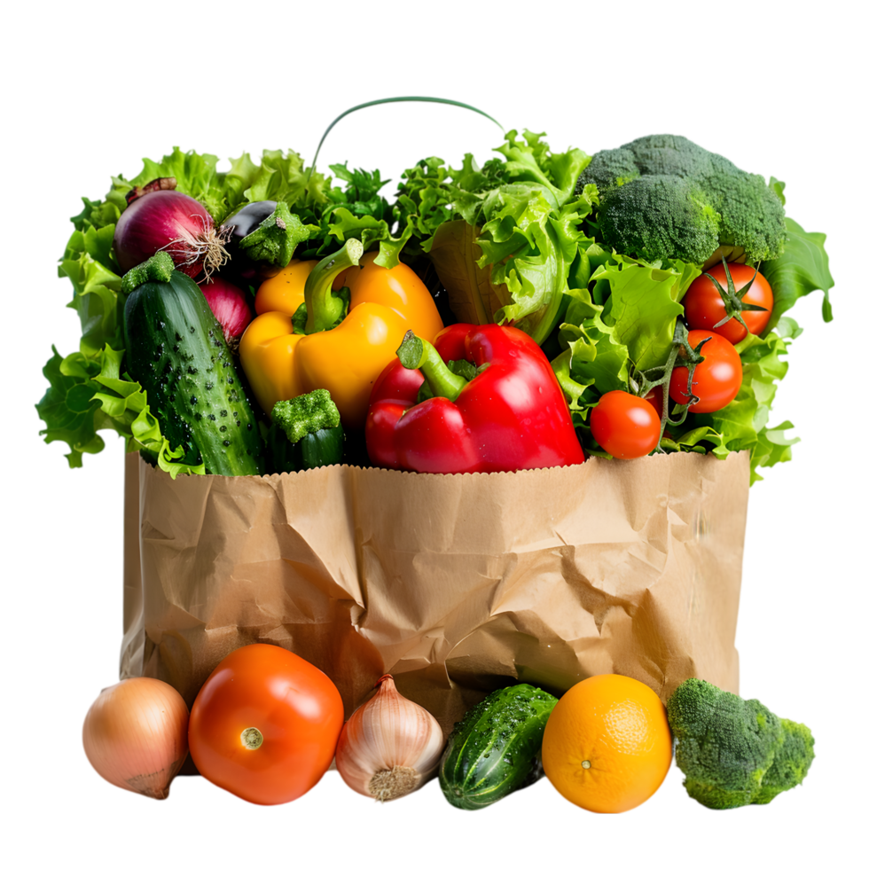 Fresh vegetables in a paper bag isolated on a transparent background png