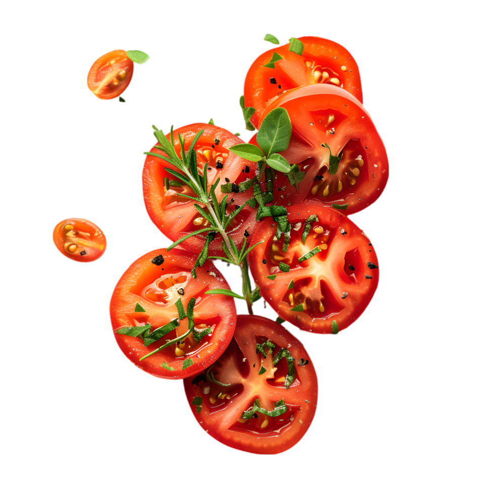 Sliced tomatoes with herbs isolated on a transparent background png
