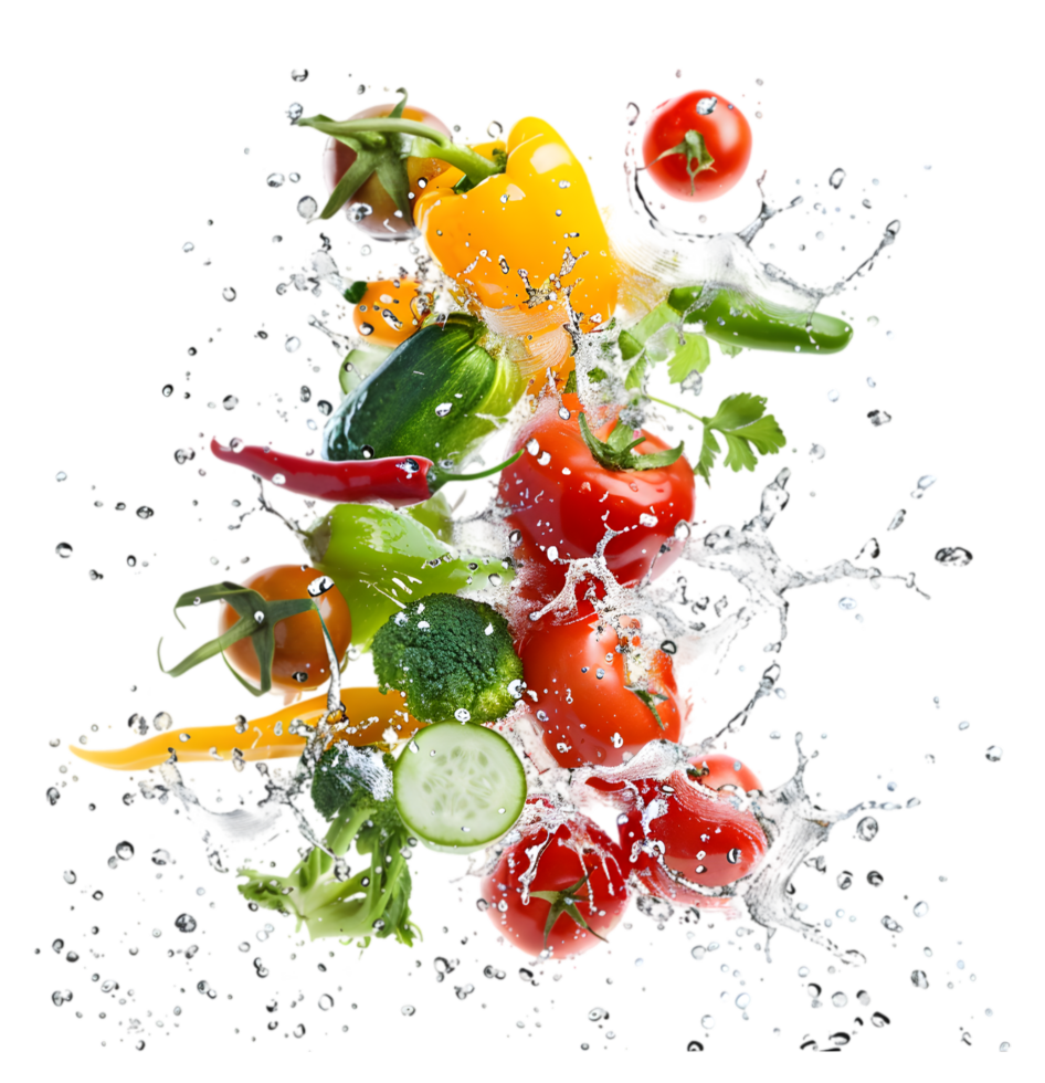 Fresh vegetables with water splash isolated on a transparent background png