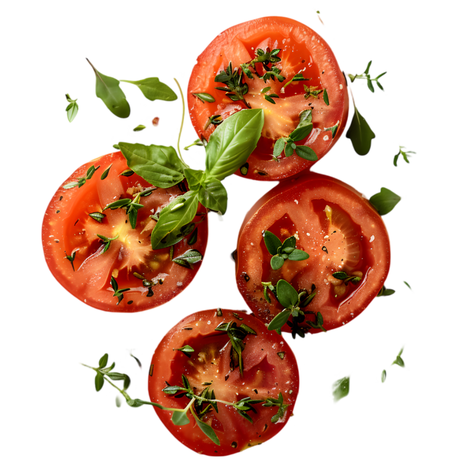rebanado Tomates con hierbas aislado en un transparente antecedentes png