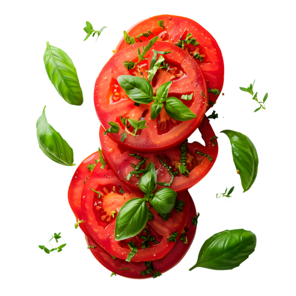 Sliced tomatoes with basil leaves isolated on a transparent background png