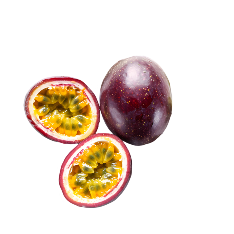 Passion fruits and halved sections isolated on a transparent background png