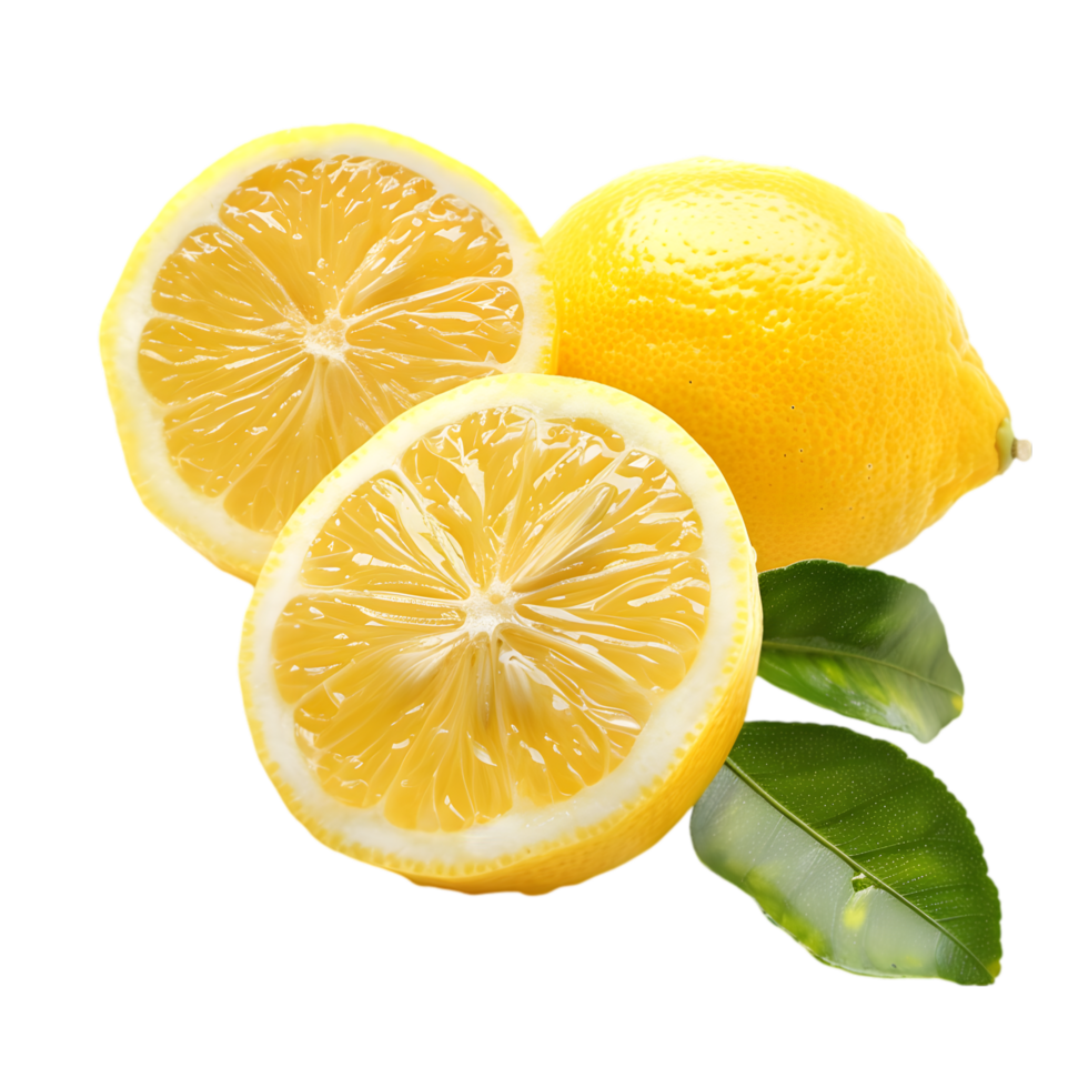 Fresh sliced lemons with leaves isolated on a transparent background png