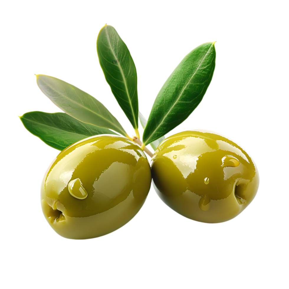 Green olives with leaves and oil drops isolated on a transparent background png