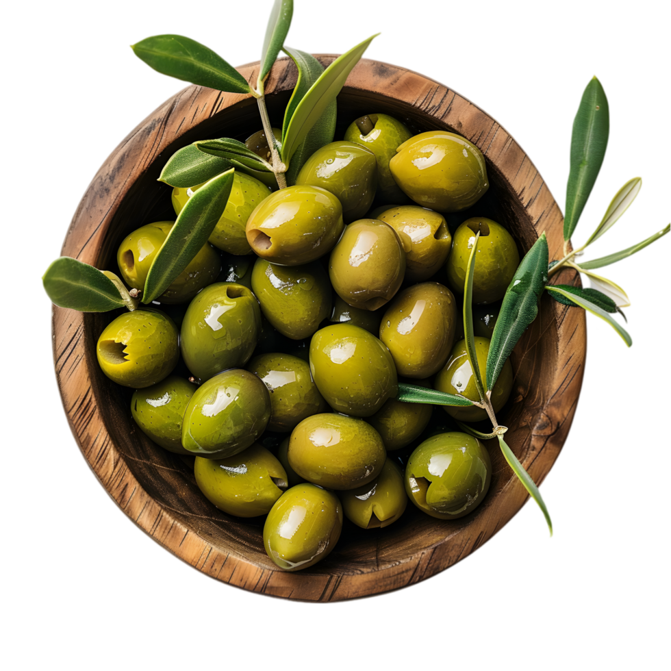 Green olives with leaves in a wooden bowl isolated on a transparent background png