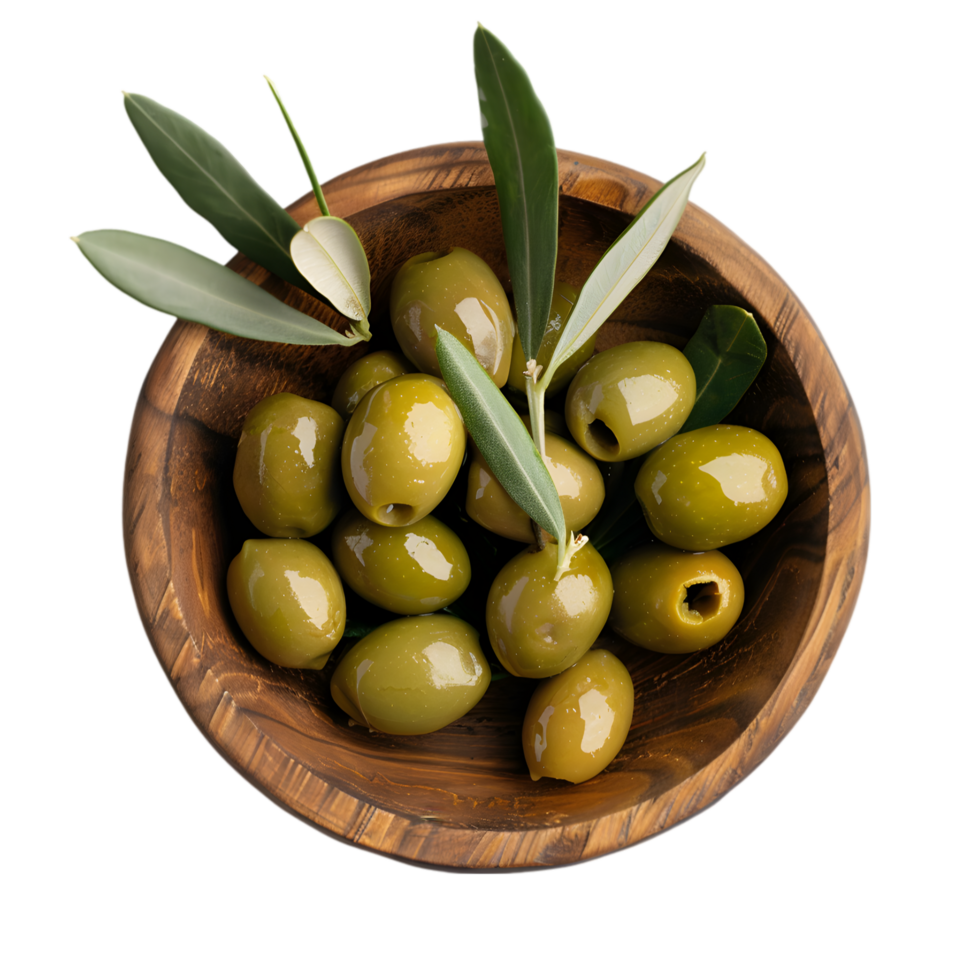 Green olives with leaves in a wooden bowl isolated on a transparent background png
