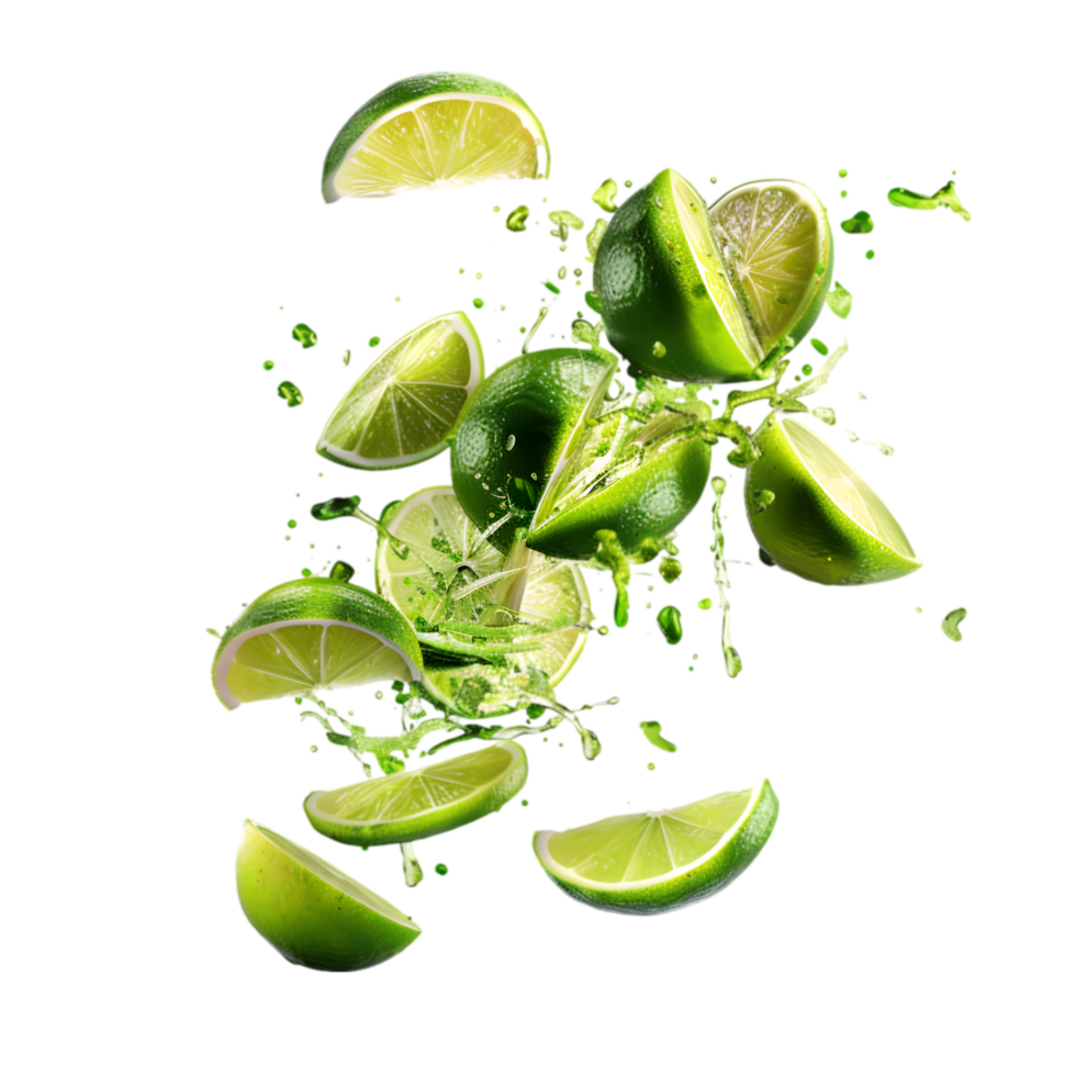 Exploding lime slices with juice splash isolated on a transparent background png