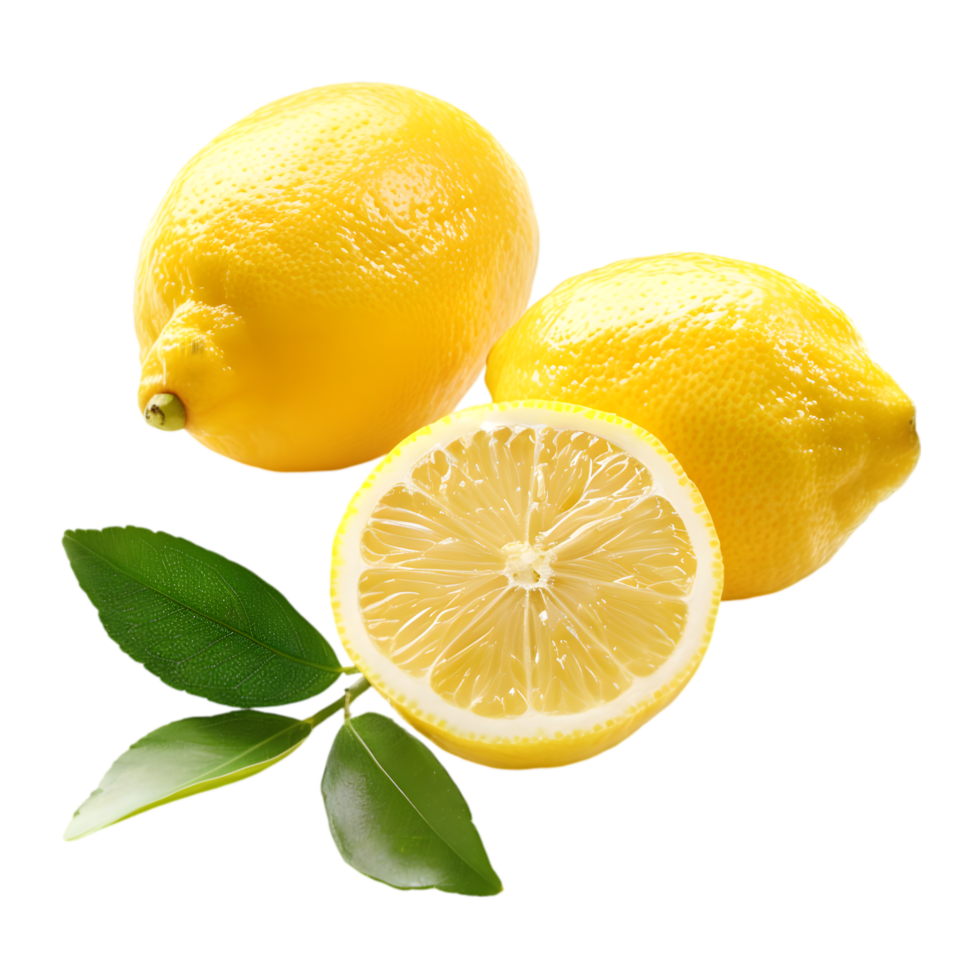 Fresh sliced lemons with leaves isolated on a transparent background png