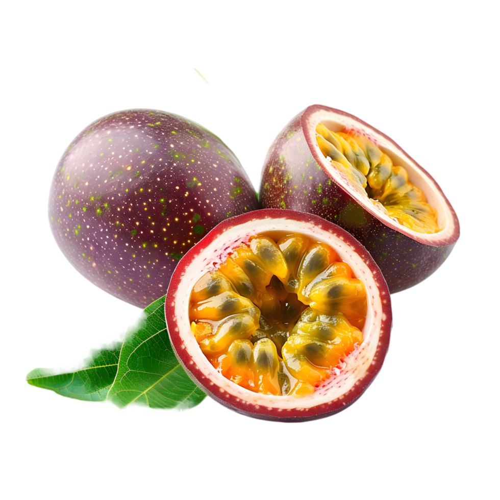 Passion fruits with leaves and halved sections isolated on a transparent background png