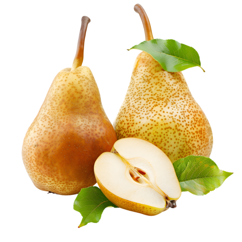 Pears with leaves and sliced halves isolated on a transparent background png