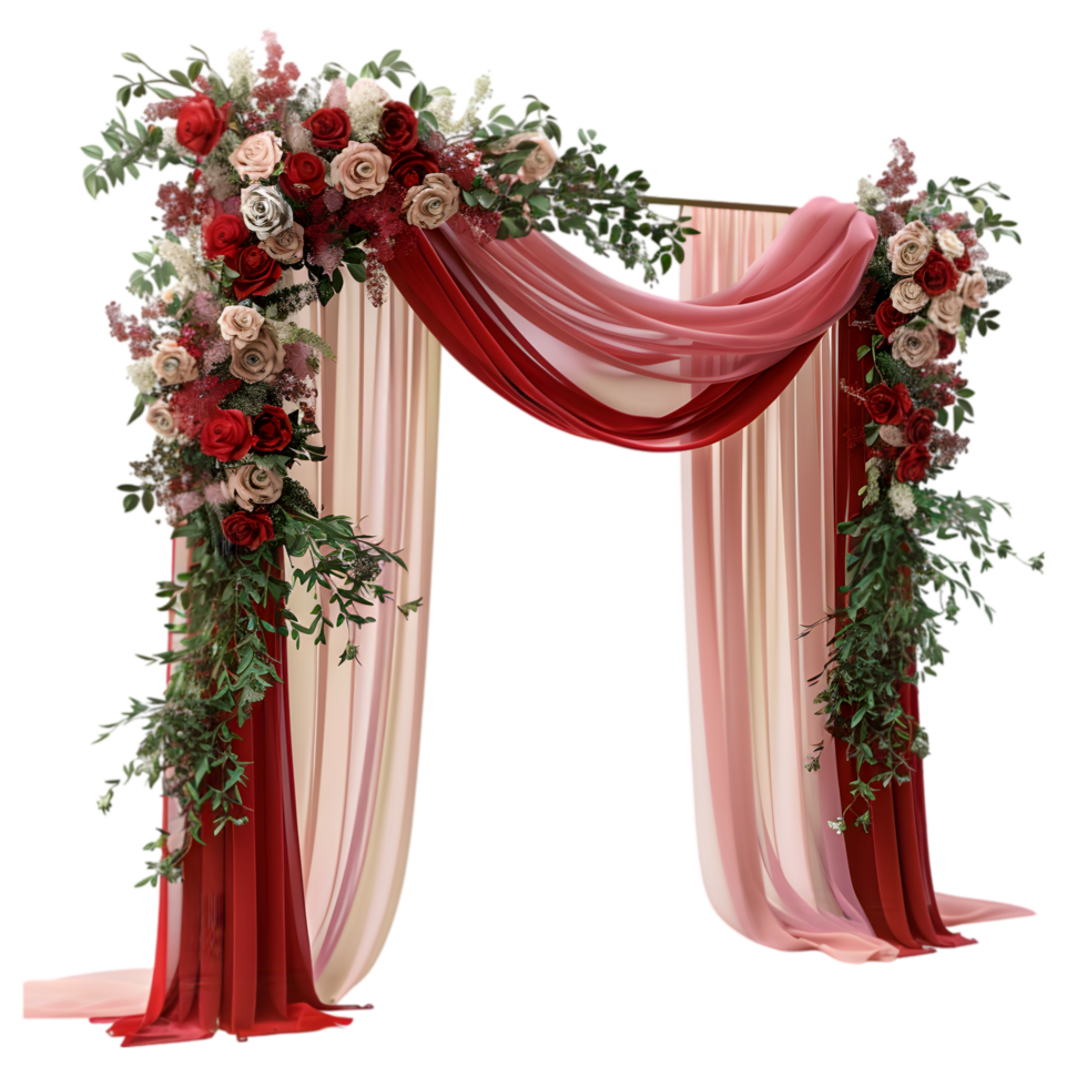 Romantic wedding arch with red and pink floral decorations isolated on a transparent background png