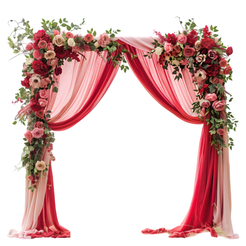 Romantic wedding arch with red and pink floral decorations isolated on a transparent background png