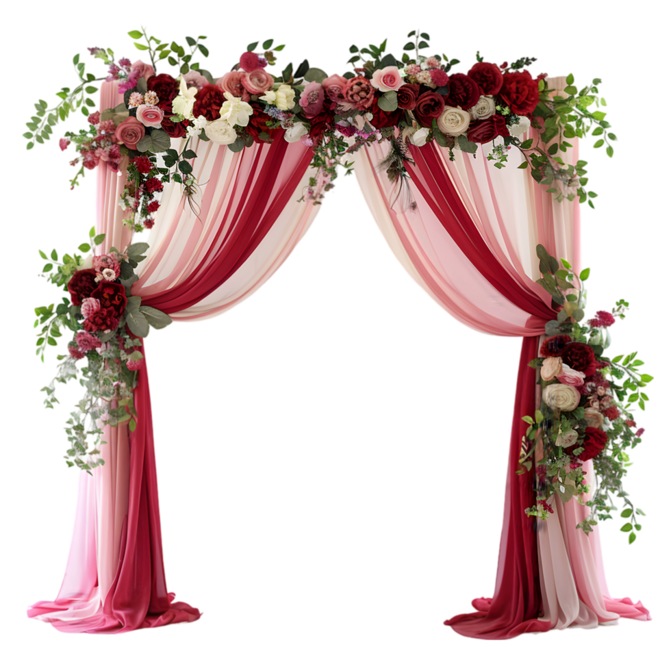 Romantic wedding arch with red and pink floral decorations isolated on a transparent background png