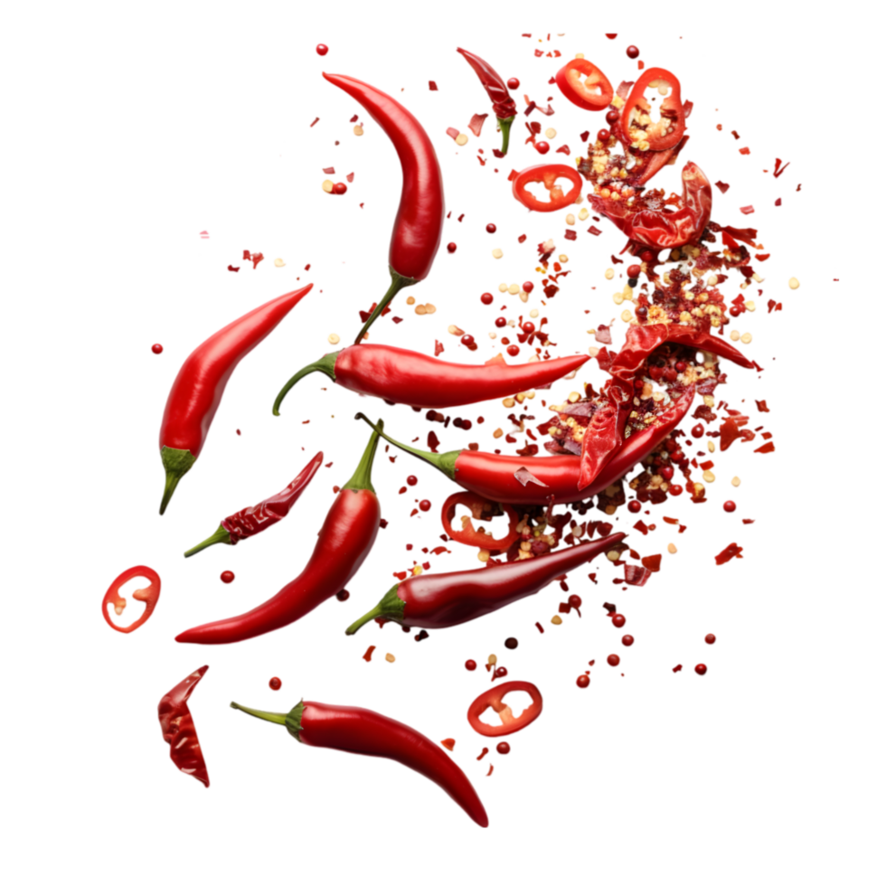 Red chili peppers and flakes isolated on a transparent background png