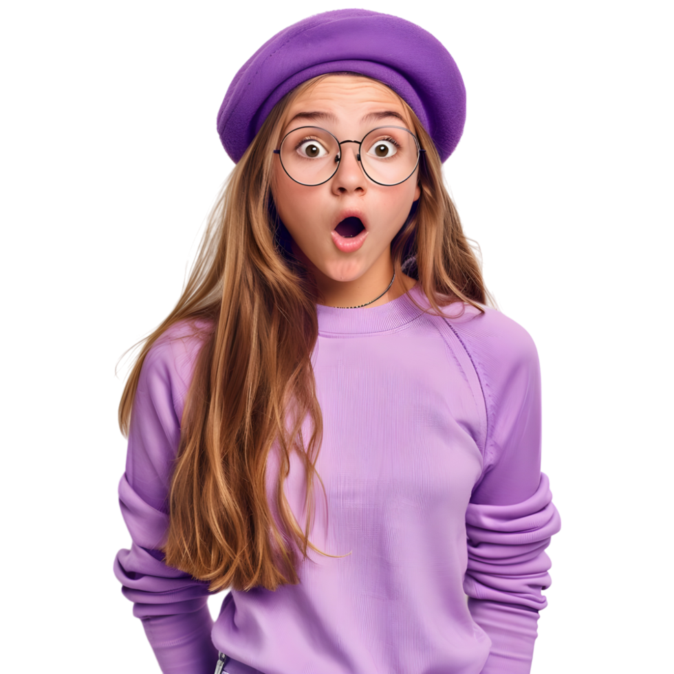 Isolated Young girl doing poses sad confused amazed angry happy with beret and glasses png