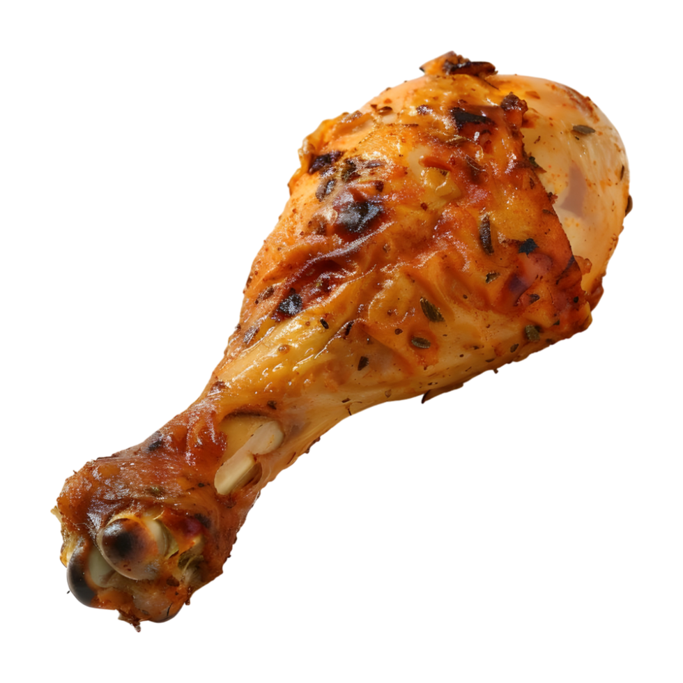 Baked chicken drumstick on paper against transparent background png