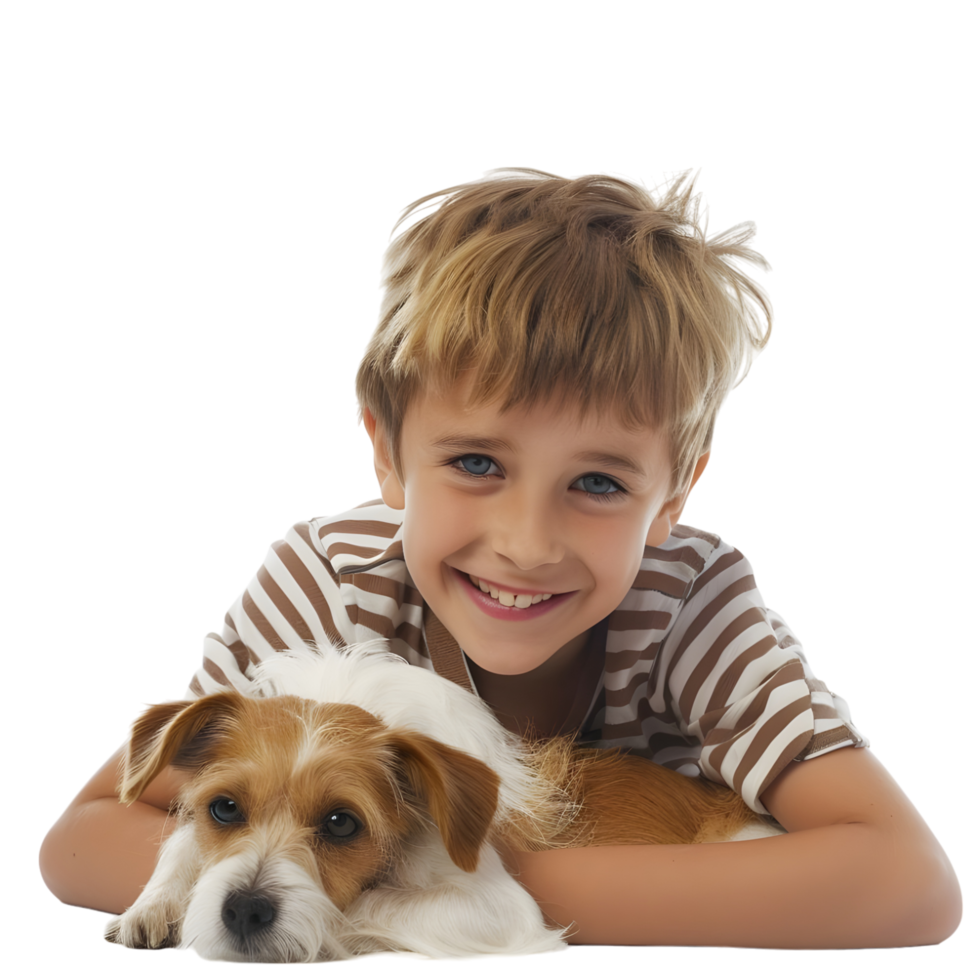 Boy with little dog against transparent background png