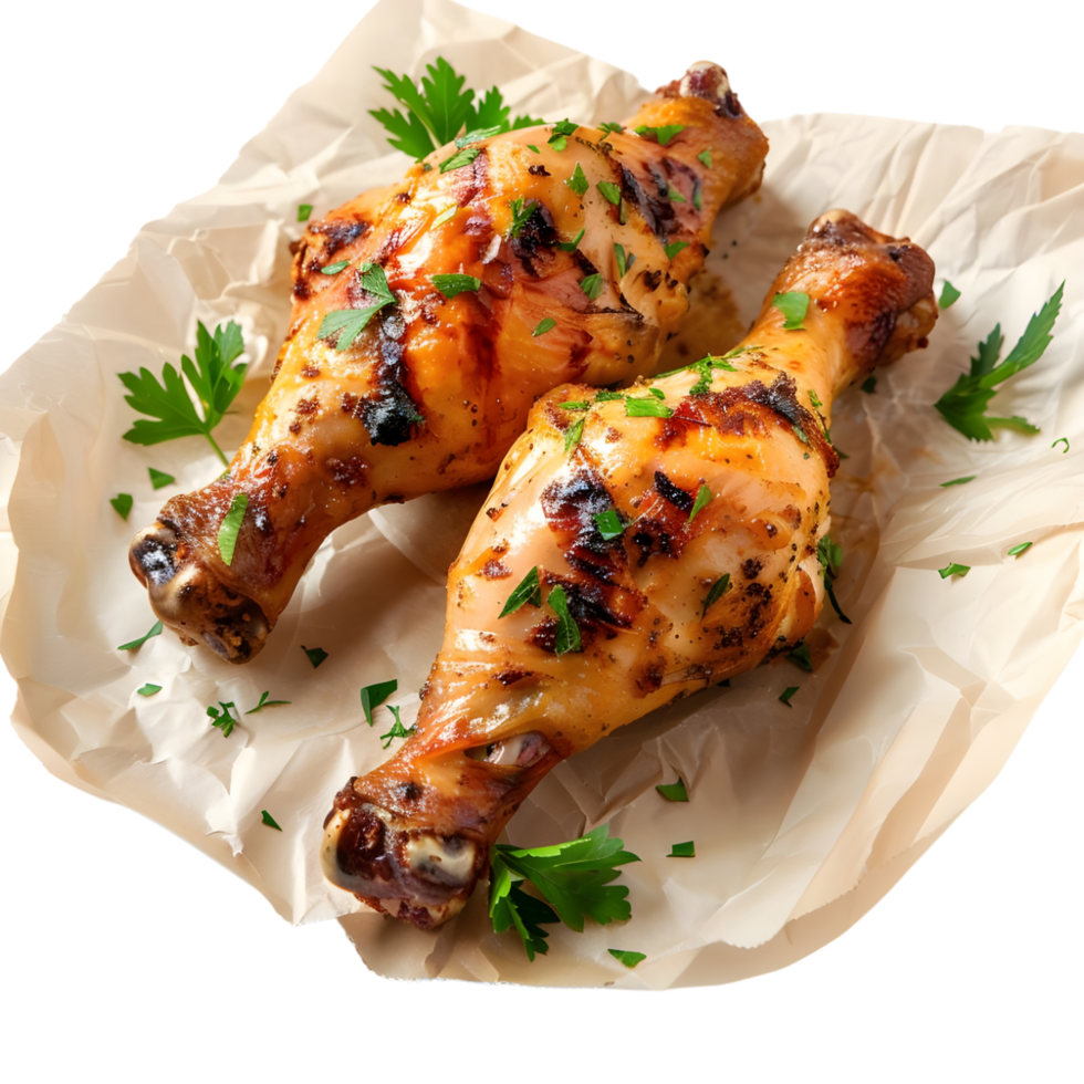 Baked chicken drumstick on paper against transparent background png