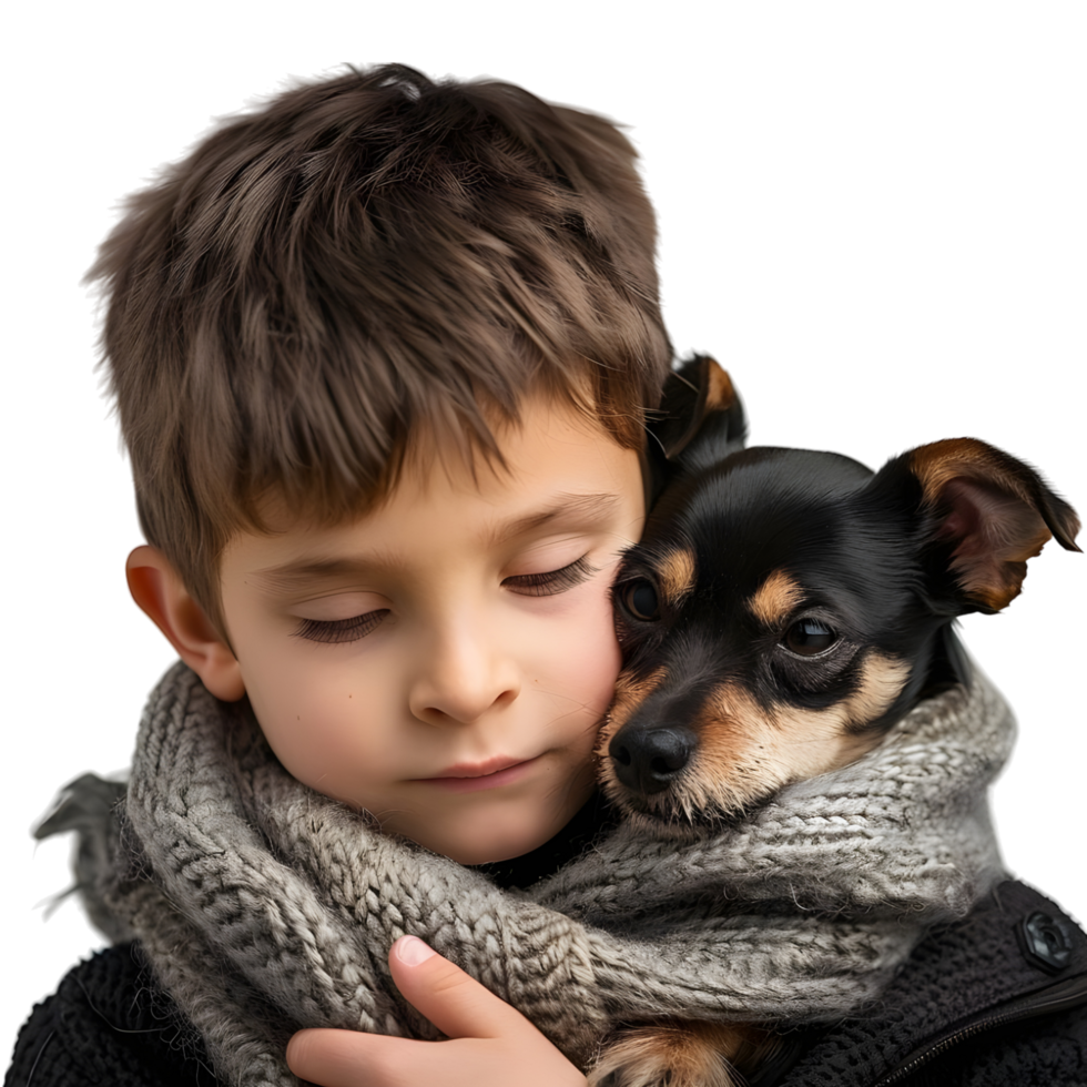 Boy with little dog against transparent background png