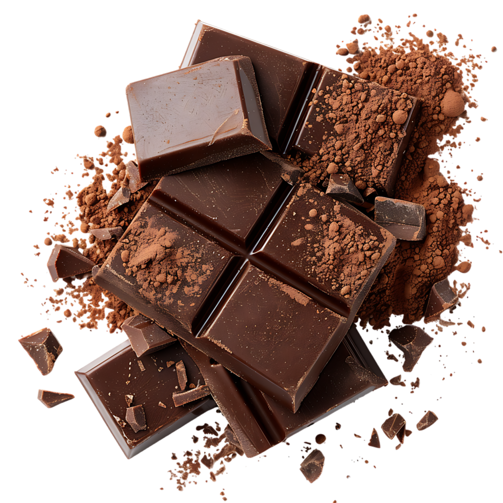 Chocolate bar pieces with cocoa powder isolated on transparent background png