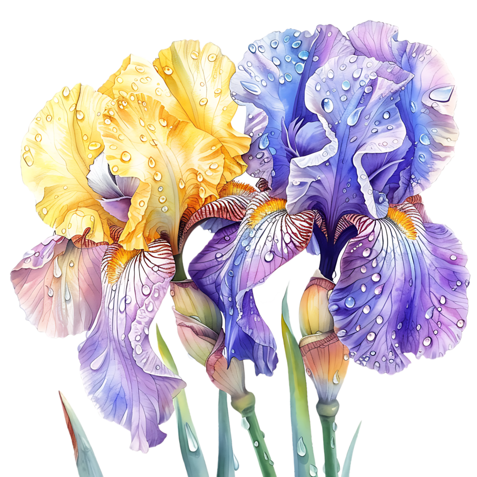 Iris flowers with raindrops isolated on transparent background png